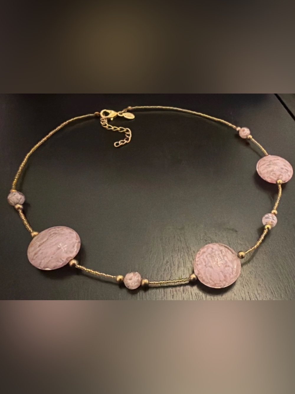 Signed Authentic Murano Glass Pink Gold Foil Disc Bead Statement Necklace Italy